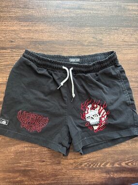 Lurking Class Black Women's Athletic Shorts with Red Flame Skull Graphic